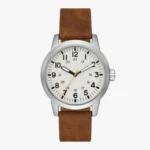 Mens Analog Watch-Brown Leather Strap With Silver Dial