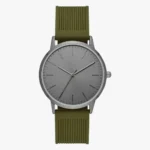 Mens Analog Watch-Green Leather Strap With Silver Dial