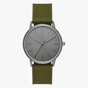 Mens Analog Watch-Green Leather Strap With Silver Dial