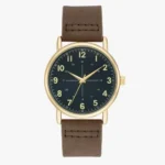 Mens Analog Watch-Warm Brown Leather Strap With Gold Dial