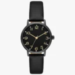 Womens Analog Watch-Black Leather Strap With Black Dial