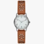 Womens Analog Watch-Brown Leather Strap With Silver Dial